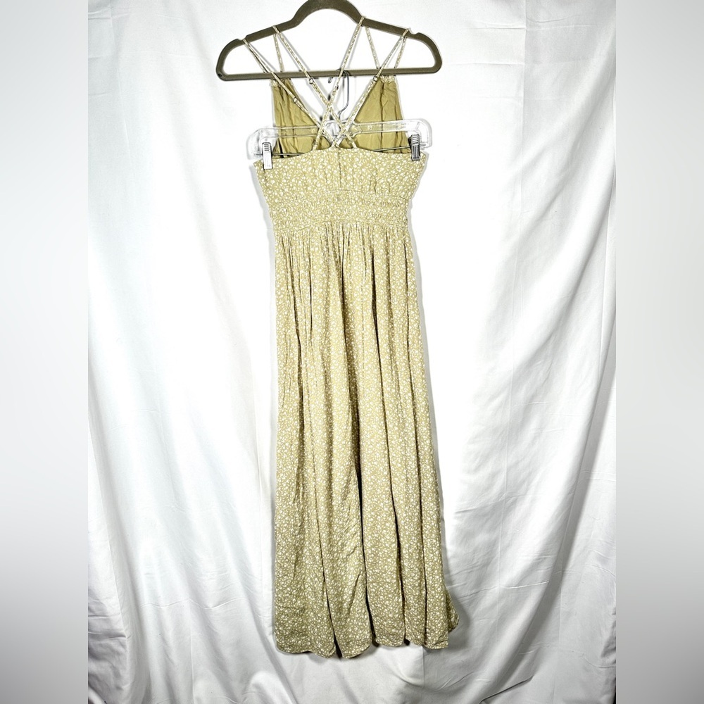 Abercrombie & Fitch Floral Viscose Maxi Dress Olive Green Smocked Strappy XS - Picture 3 of 9